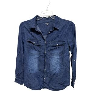 Charlotte Russe Retro Western Chambray Button Down Long Sleeve Stone Wash Large